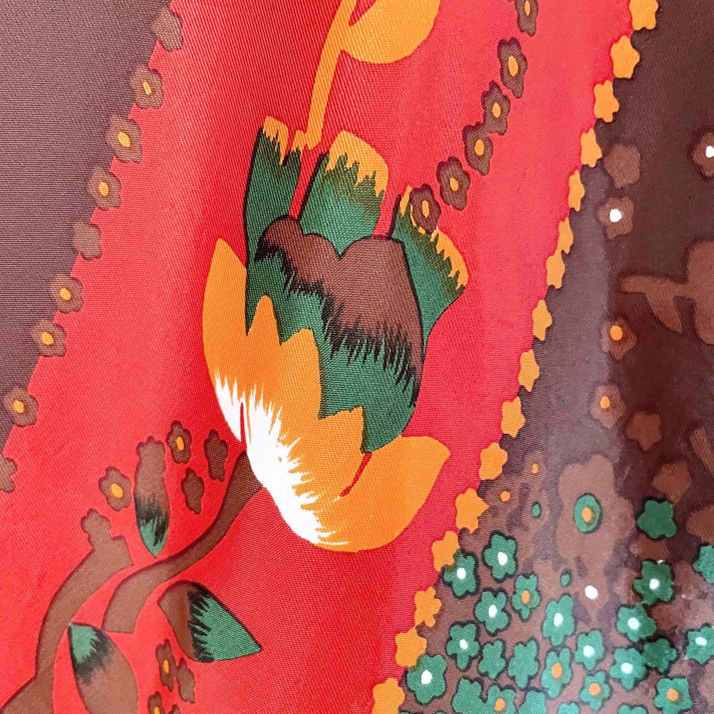 vintage 70's brown orange folk floral square hair neck scarf - 30"