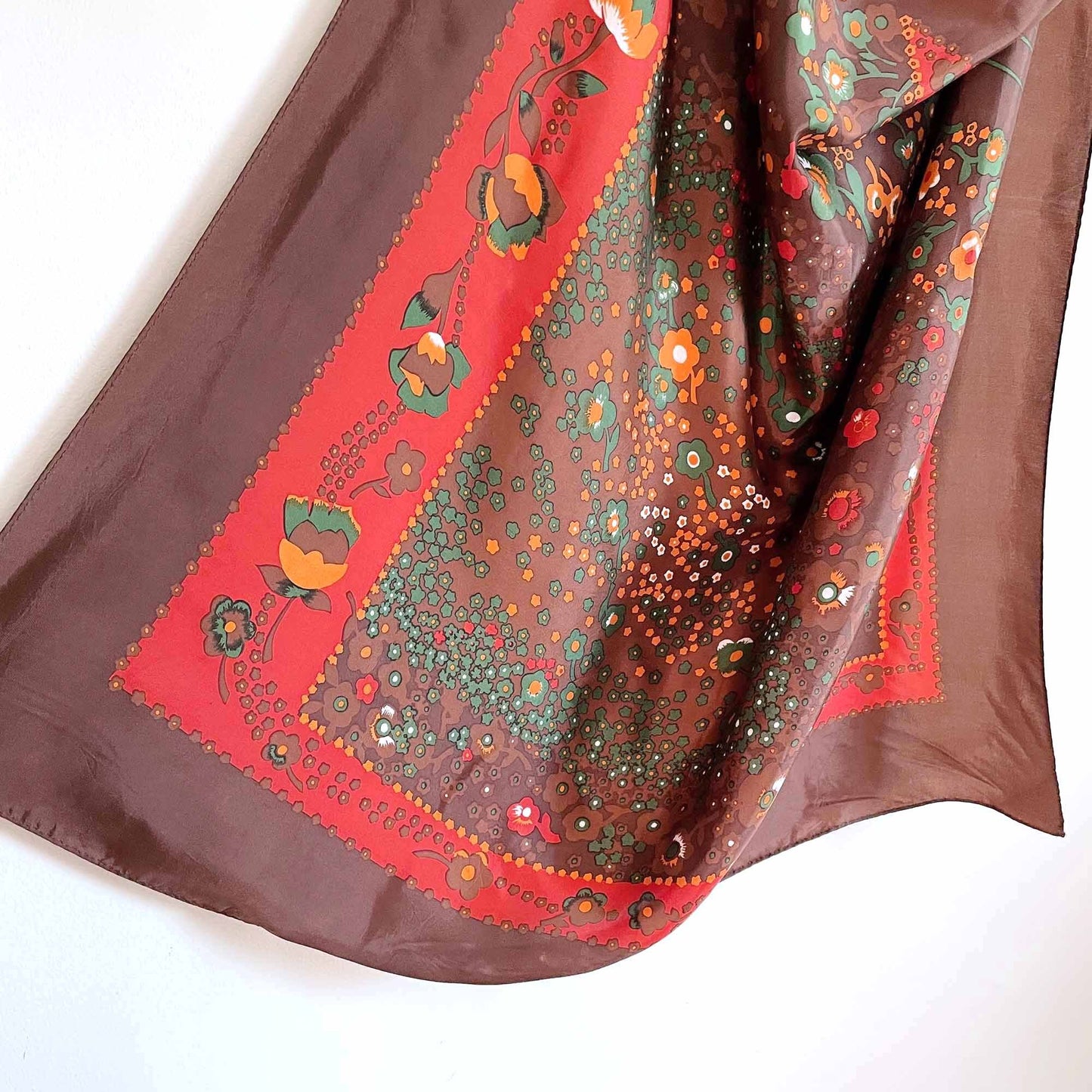vintage 70's brown orange folk floral square hair neck scarf - 30"