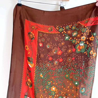 vintage 70's brown orange folk floral square hair neck scarf - 30"