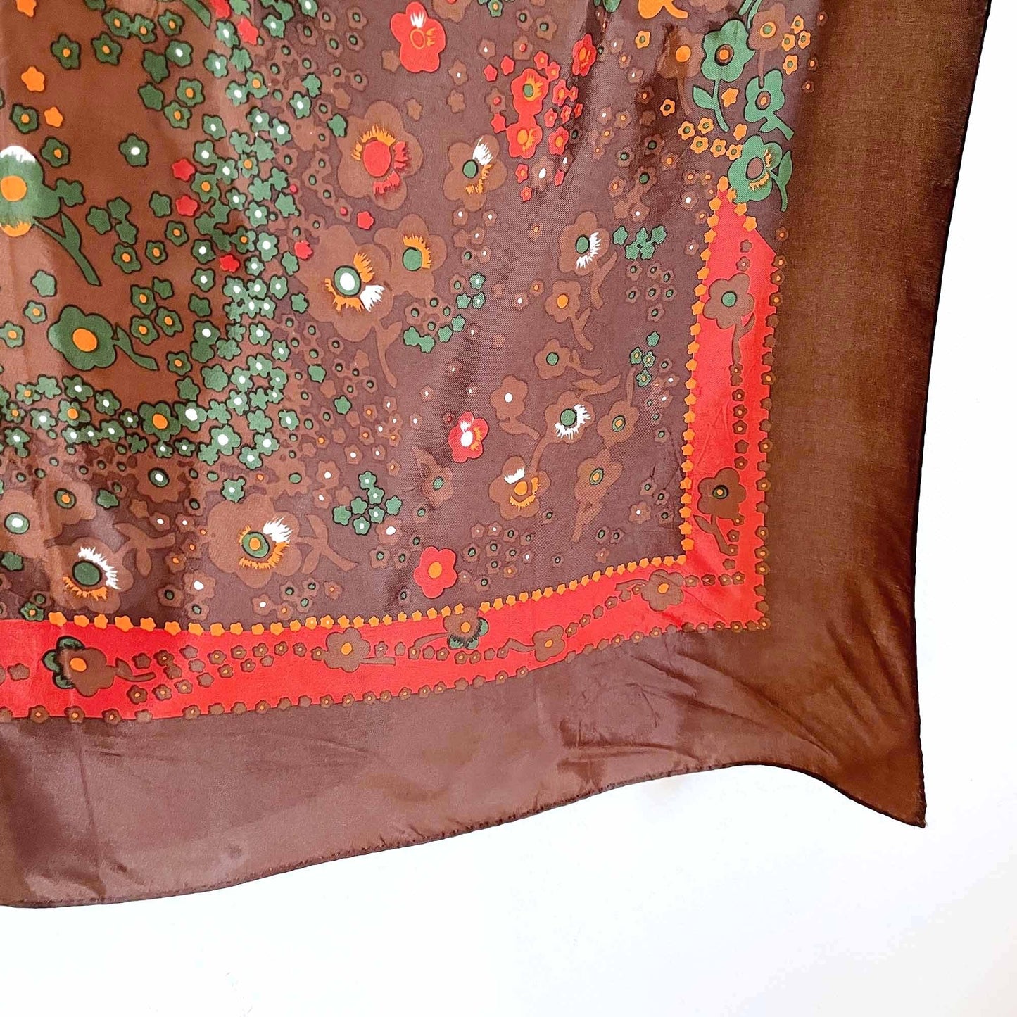 vintage 70's brown orange folk floral square hair neck scarf - 30"
