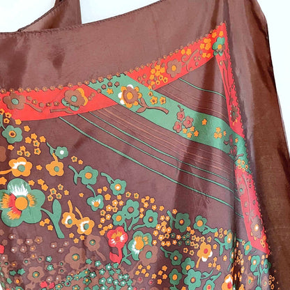 vintage 70's brown orange folk floral square hair neck scarf - 30"