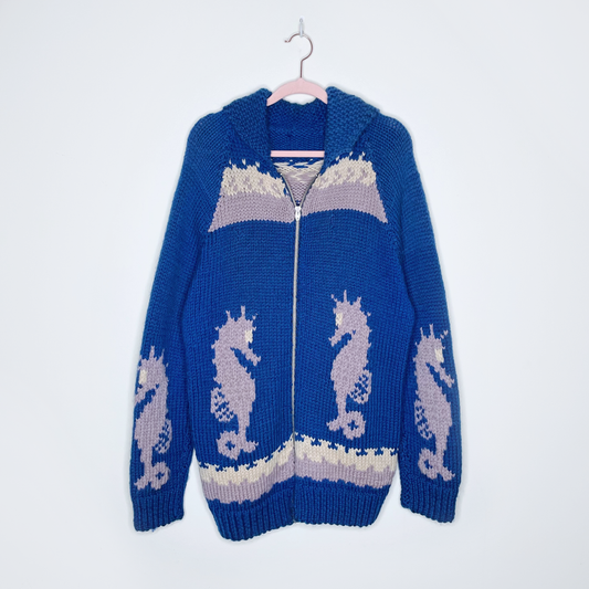 vintage 50s rare hand-knit seahorse cowichan sweater - size large
