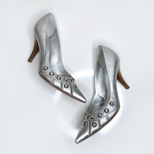 sergio rossi silver metallic leather pump with gem stones - size 37.5