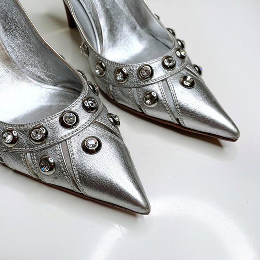 sergio rossi silver metallic leather pump with gem stones - size 37.5
