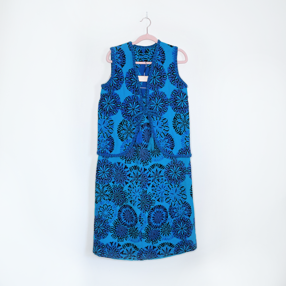 vintage 70's handmade woven tapestry vest and skirt set - size sm/med