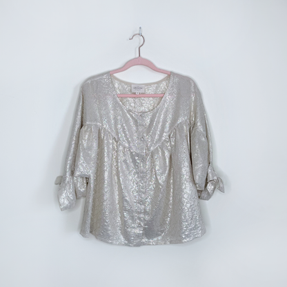 sézane cristina cotton-gold metallic ruched blouse - size 36