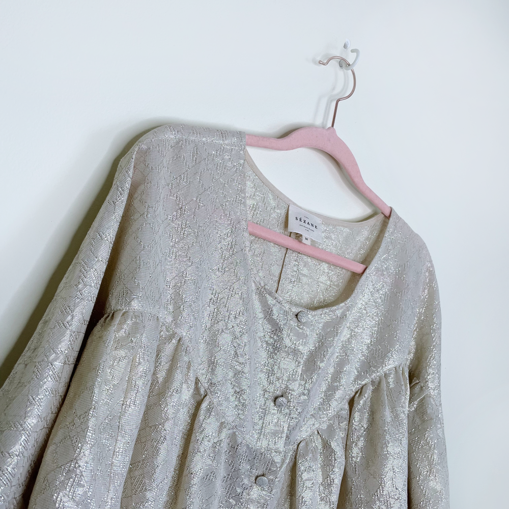 sézane cristina cotton-gold metallic ruched blouse - size 36