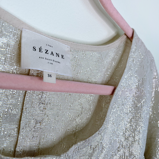 sézane cristina cotton-gold metallic ruched blouse - size 36