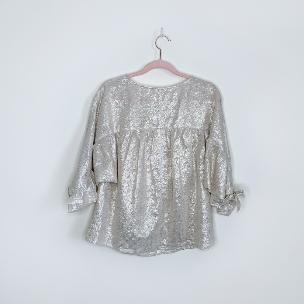 sézane cristina cotton-gold metallic ruched blouse - size 36