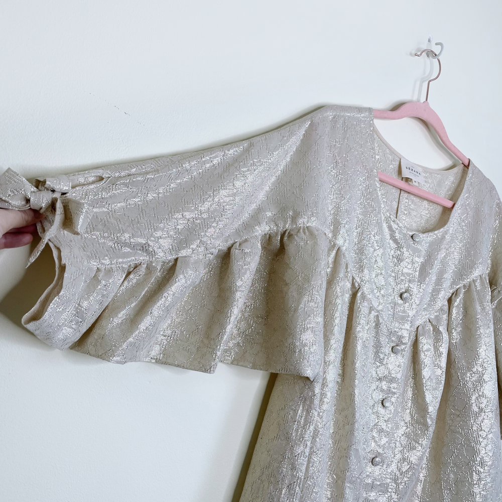 sézane cristina cotton-gold metallic ruched blouse - size 36