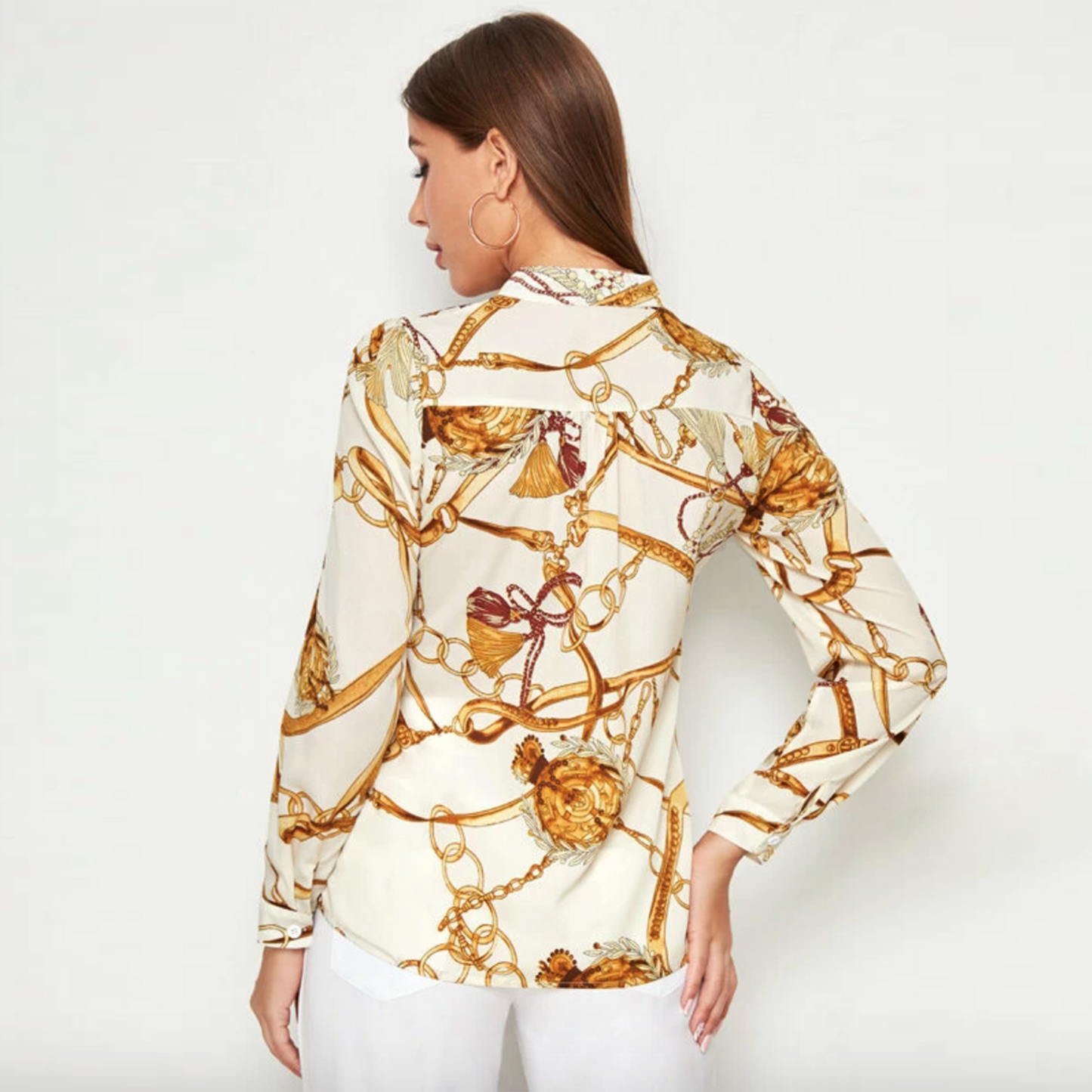 shein chain print split neck blouse - size large