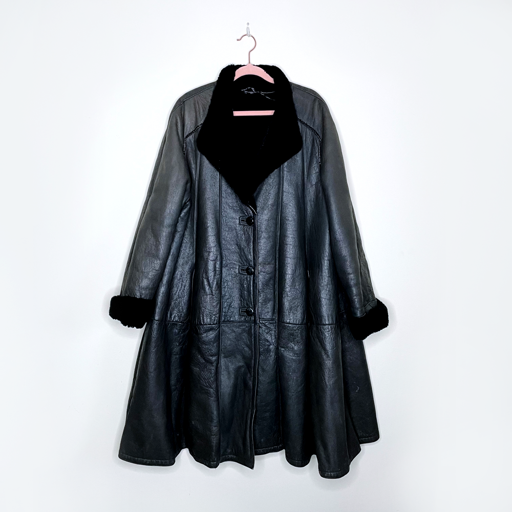 vintage 60s black a-line swing hem long sheepskin coat - size l/xl