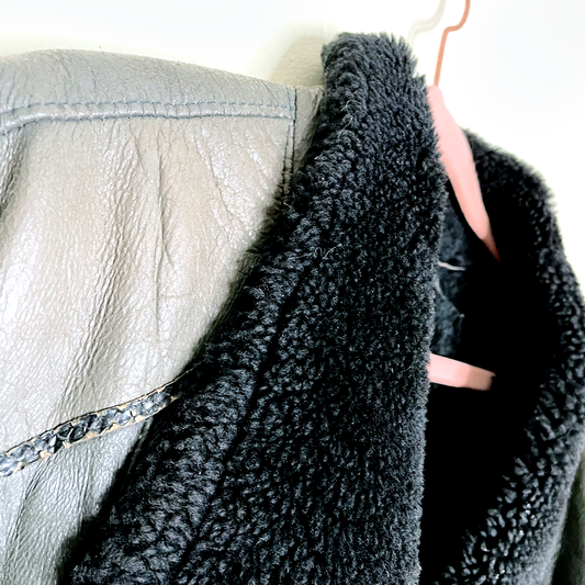 vintage 60s black a-line swing hem long sheepskin coat - size l/xl