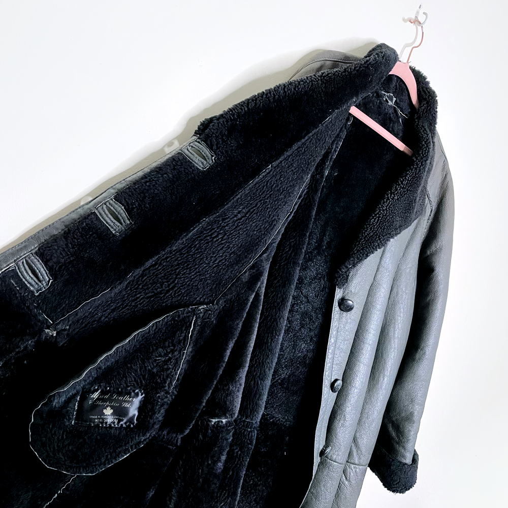 vintage 60s black a-line swing hem long sheepskin coat - size l/xl