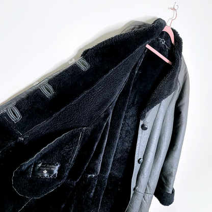 vintage 60s black a-line swing hem long sheepskin coat - size l/xl