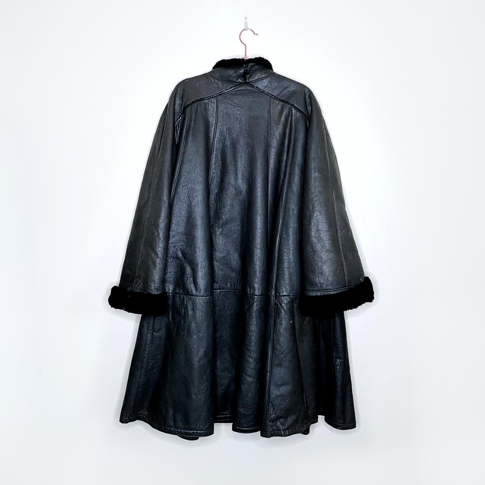 vintage 60s black a-line swing hem long sheepskin coat - size l/xl