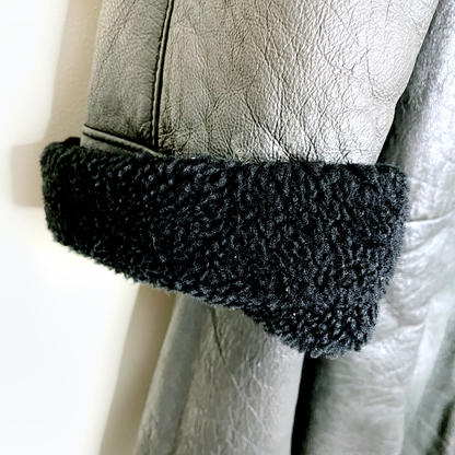 vintage 60s black a-line swing hem long sheepskin coat - size l/xl