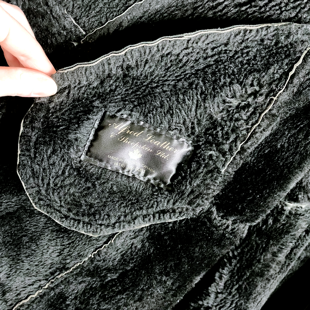 vintage 60s black a-line swing hem long sheepskin coat - size l/xl