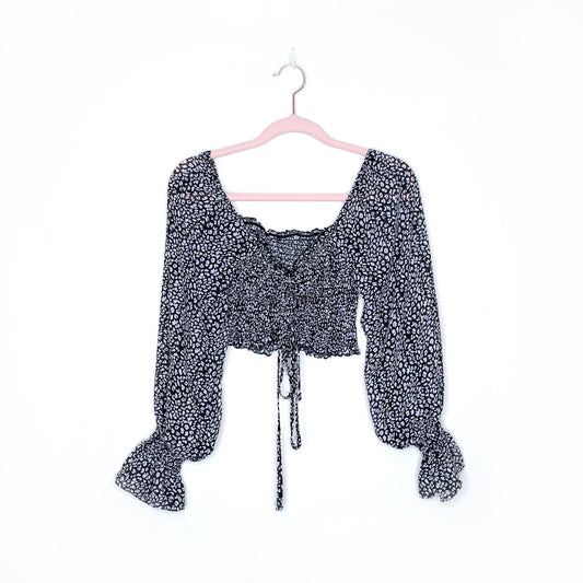 shein lantern sleeve ruched drawstring crop top - size medium