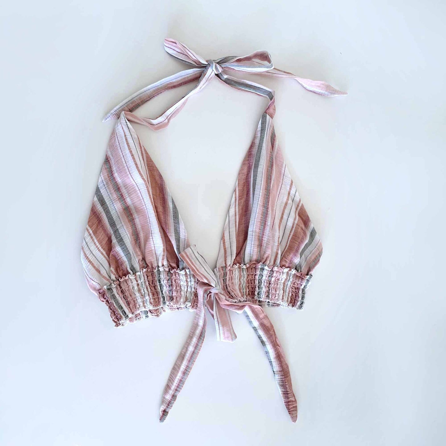 shein striped cotton halter tie-front smocked crop bra top - size Medium