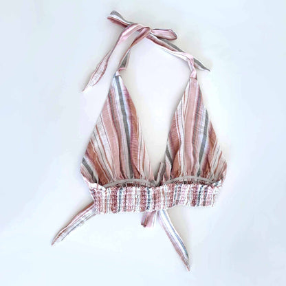 shein striped cotton halter tie-front smocked crop bra top - size Medium