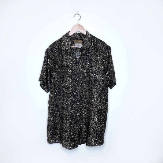 cote de france animal print silk button down short sleeve shirt - size large