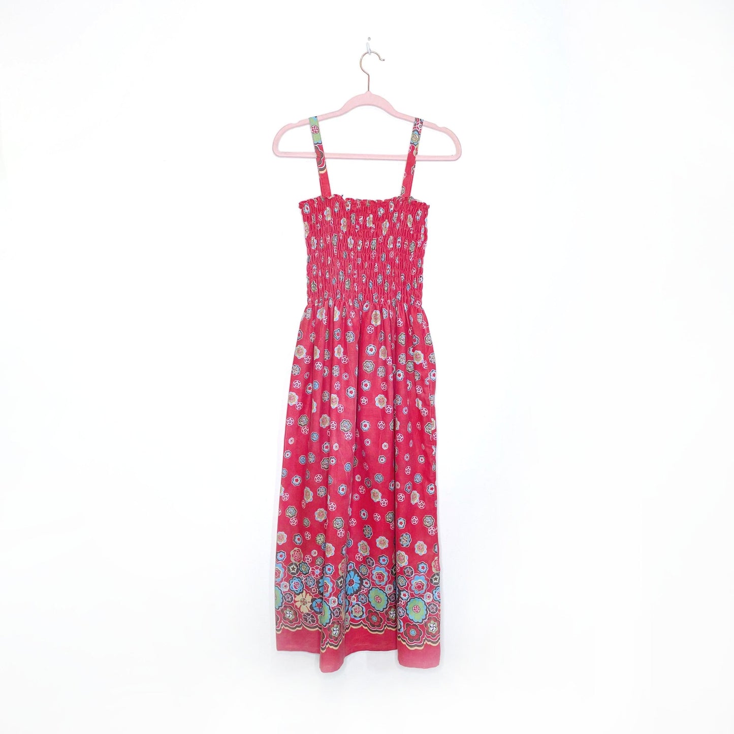 vintage sindrella ruched floral midi sundress w pockets - size sm/med