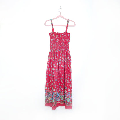 vintage sindrella ruched floral midi sundress w pockets - size sm/med
