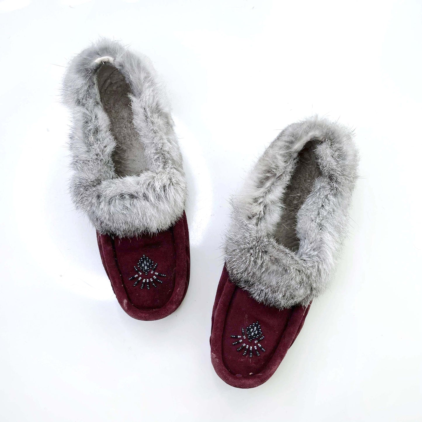 softmoc rabbit fur trim suede moccasins - size 11