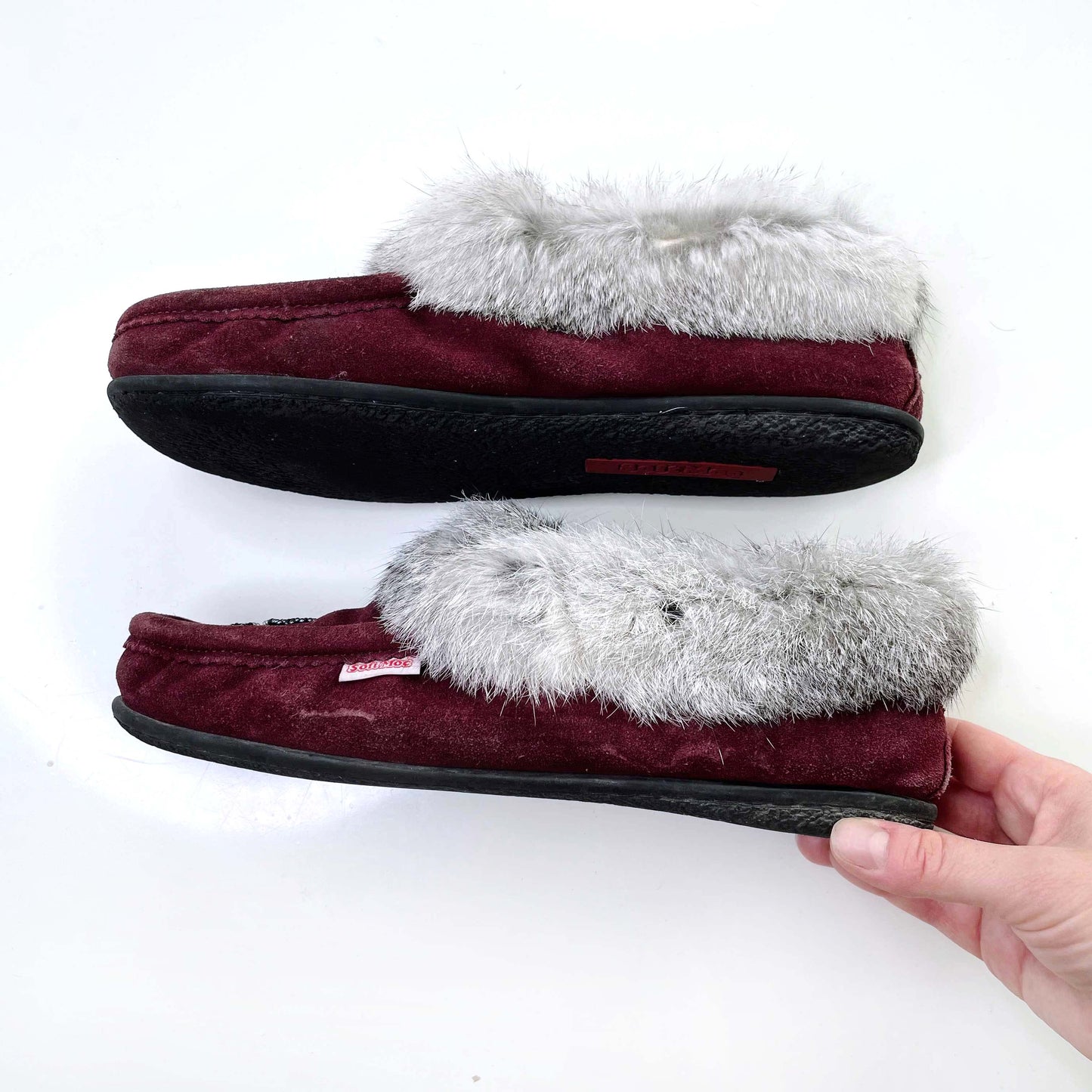 softmoc rabbit fur trim suede moccasins - size 11