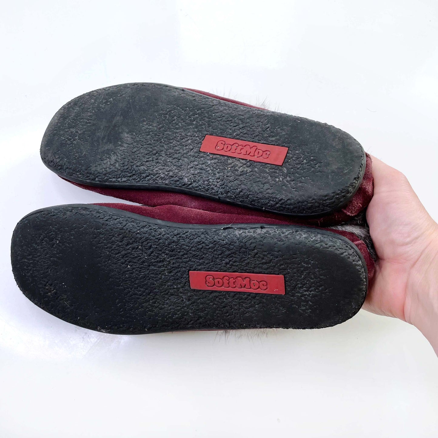 softmoc rabbit fur trim suede moccasins - size 11