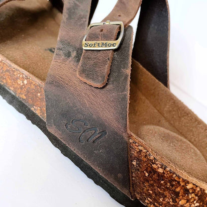 softmoc strappy brown leather cork sandals - size 9