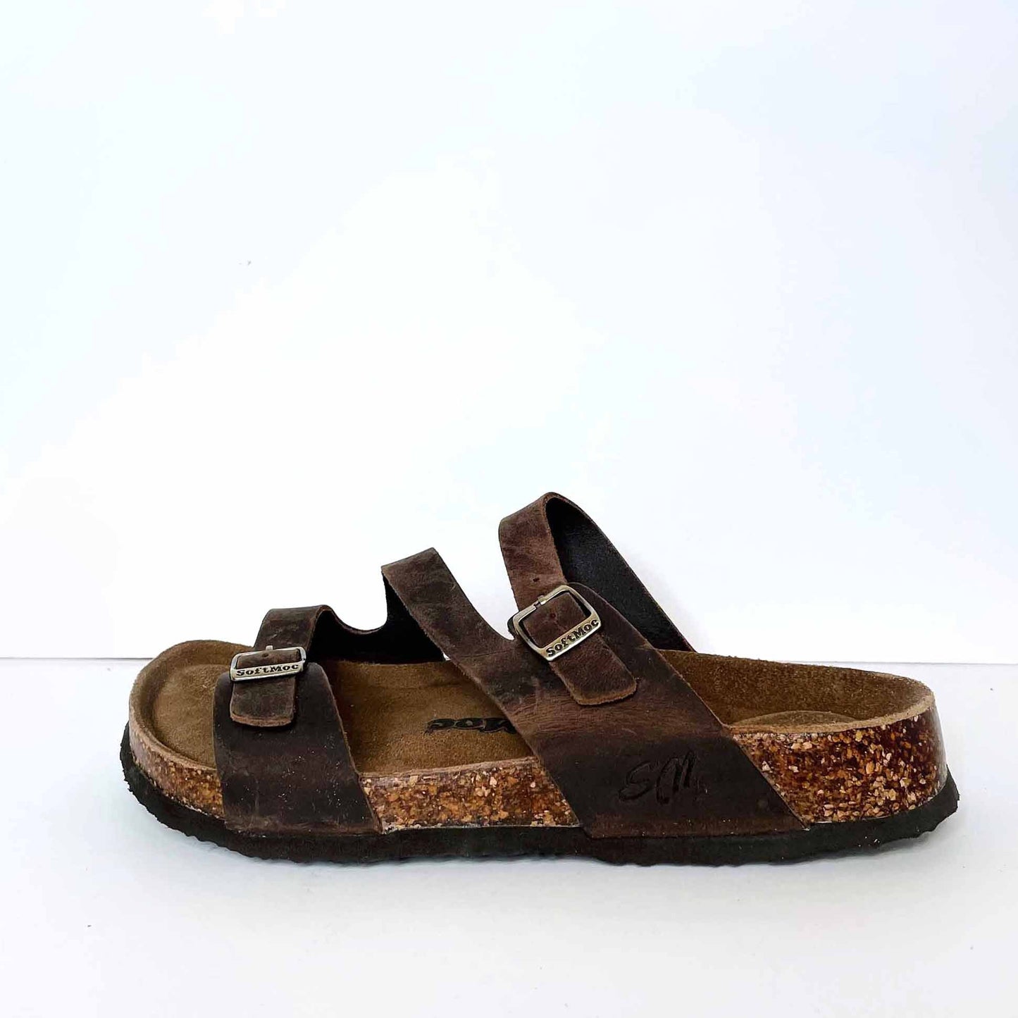 softmoc strappy brown leather cork sandals - size 9