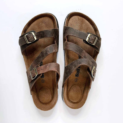 softmoc strappy brown leather cork sandals - size 9