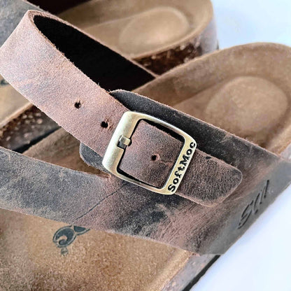 softmoc strappy brown leather cork sandals - size 9