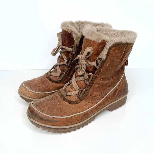 sorel brown leather winter boots with faux fur lining - size 8