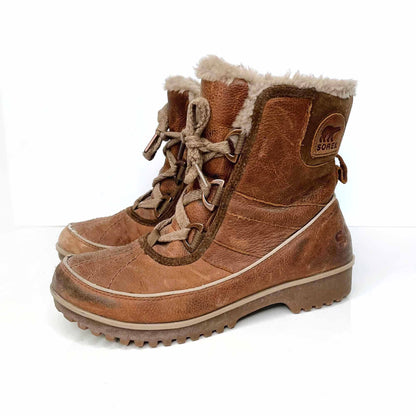 sorel brown leather winter boots with faux fur lining - size 8