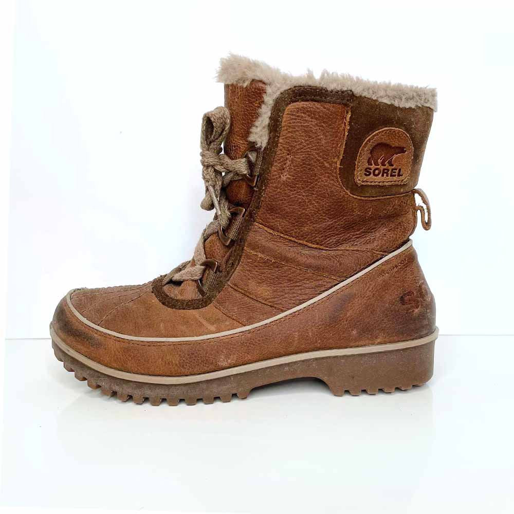 sorel brown leather winter boots with faux fur lining - size 8