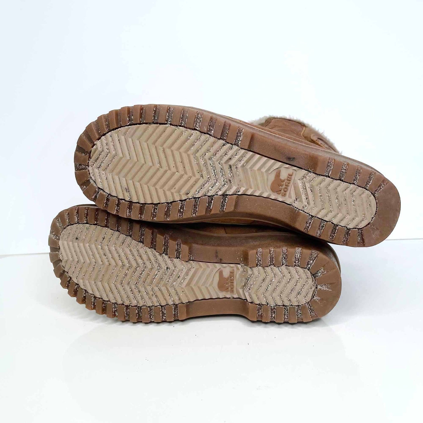 sorel brown leather winter boots with faux fur lining - size 8