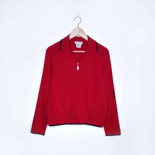 st john sport red wool zip up monogram cardigan - size P
