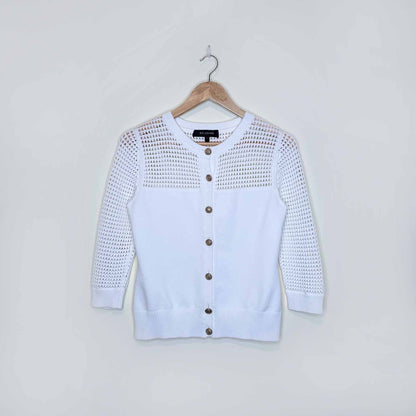 st john knit cardigan with open knit yolk and gold buttons - size small