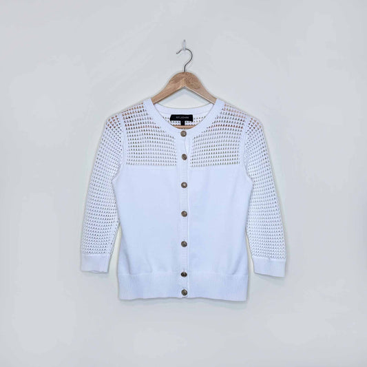 st john knit cardigan with open knit yolk and gold buttons - size small