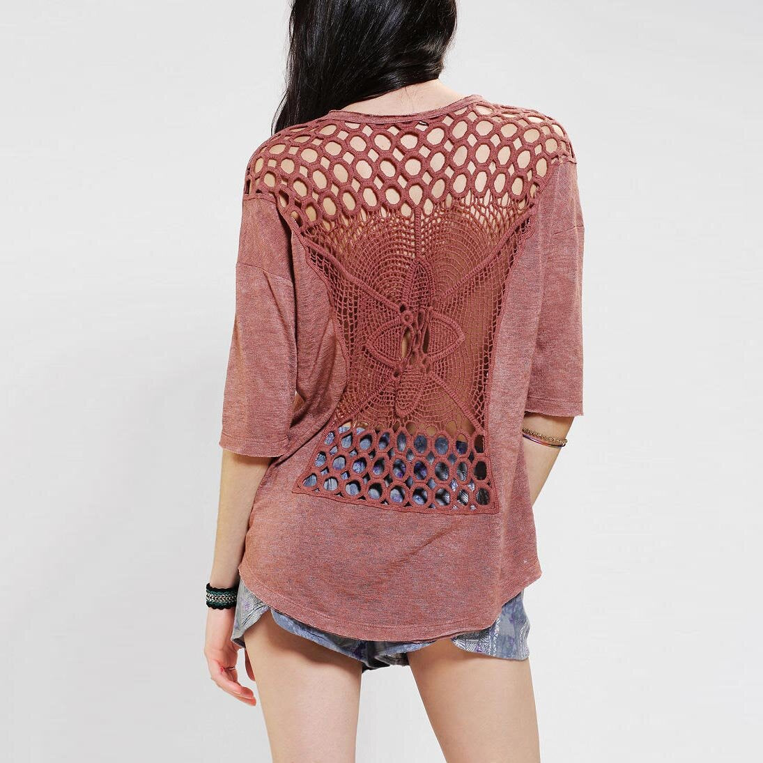 Staring at Stars crochet back linen tee - size Small