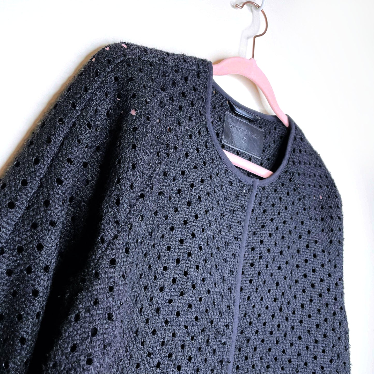 storm & marie black perforated long jacket - size 38