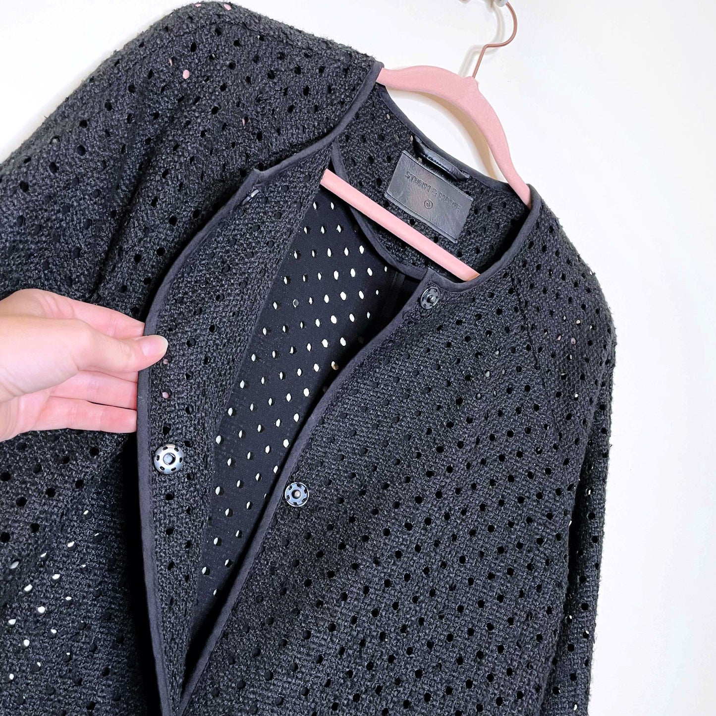 storm & marie black perforated long jacket - size 38