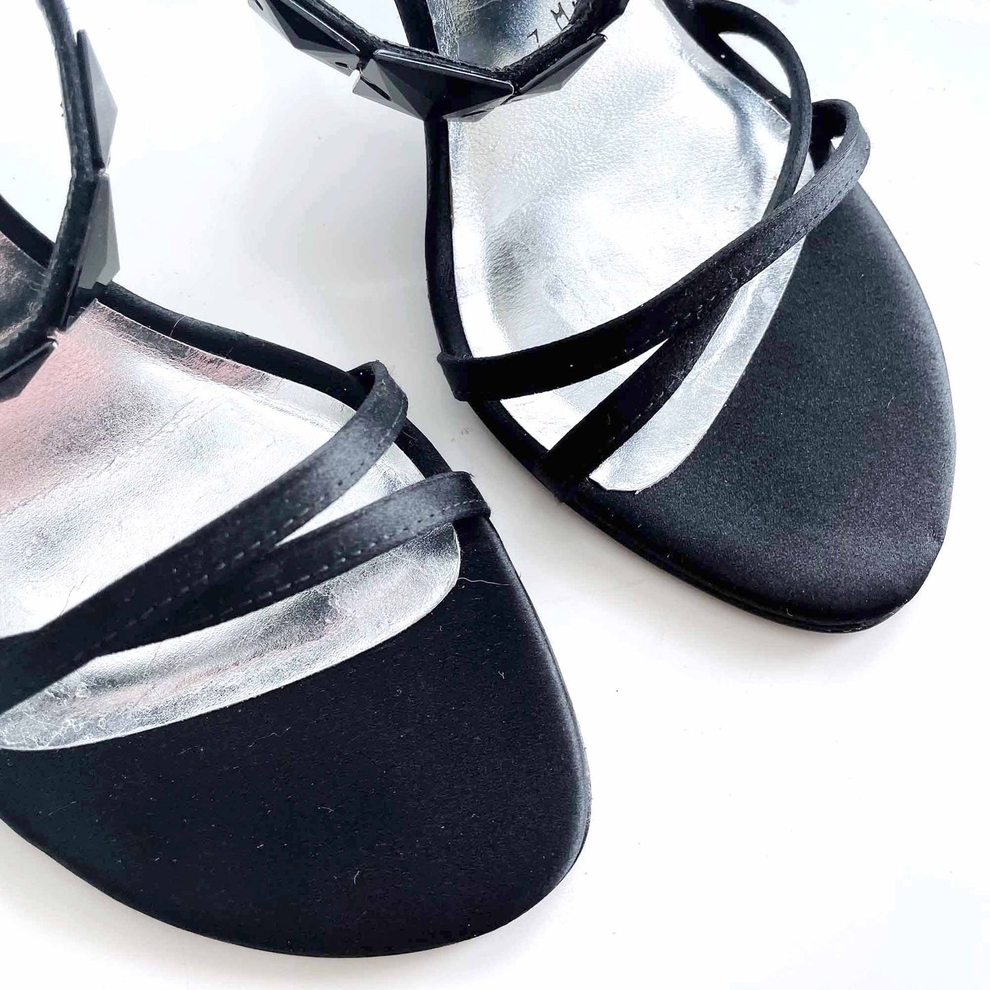 stuart weitzman black strappy satin pumps with jewels - size 7