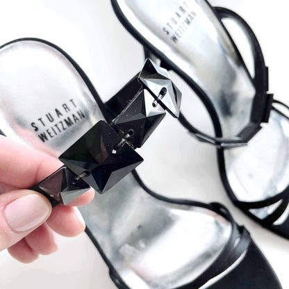 stuart weitzman black strappy satin pumps with jewels - size 7