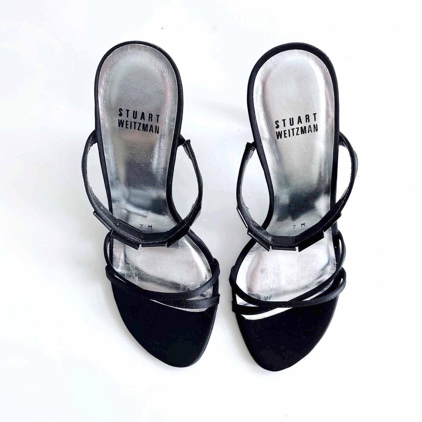 stuart weitzman black strappy satin pumps with jewels - size 7