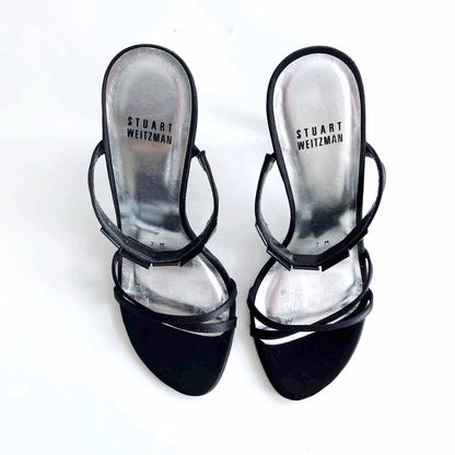 stuart weitzman black strappy satin pumps with jewels - size 7