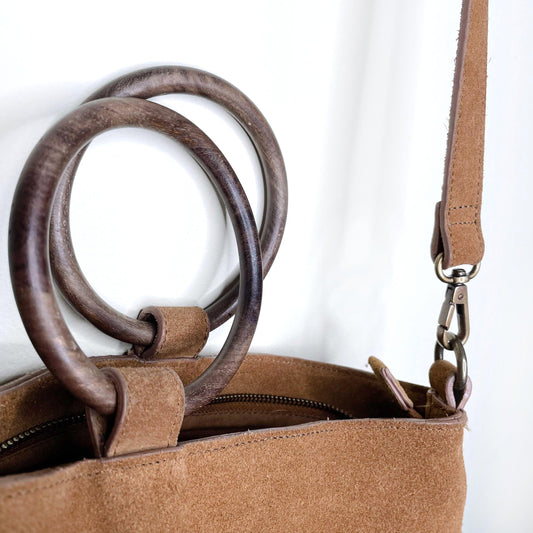 indi + cold suede crossbody bag with wood handles